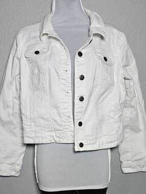 White Denim Jacket Women Large Cropped Trucker Spring Minimalist Capsule
